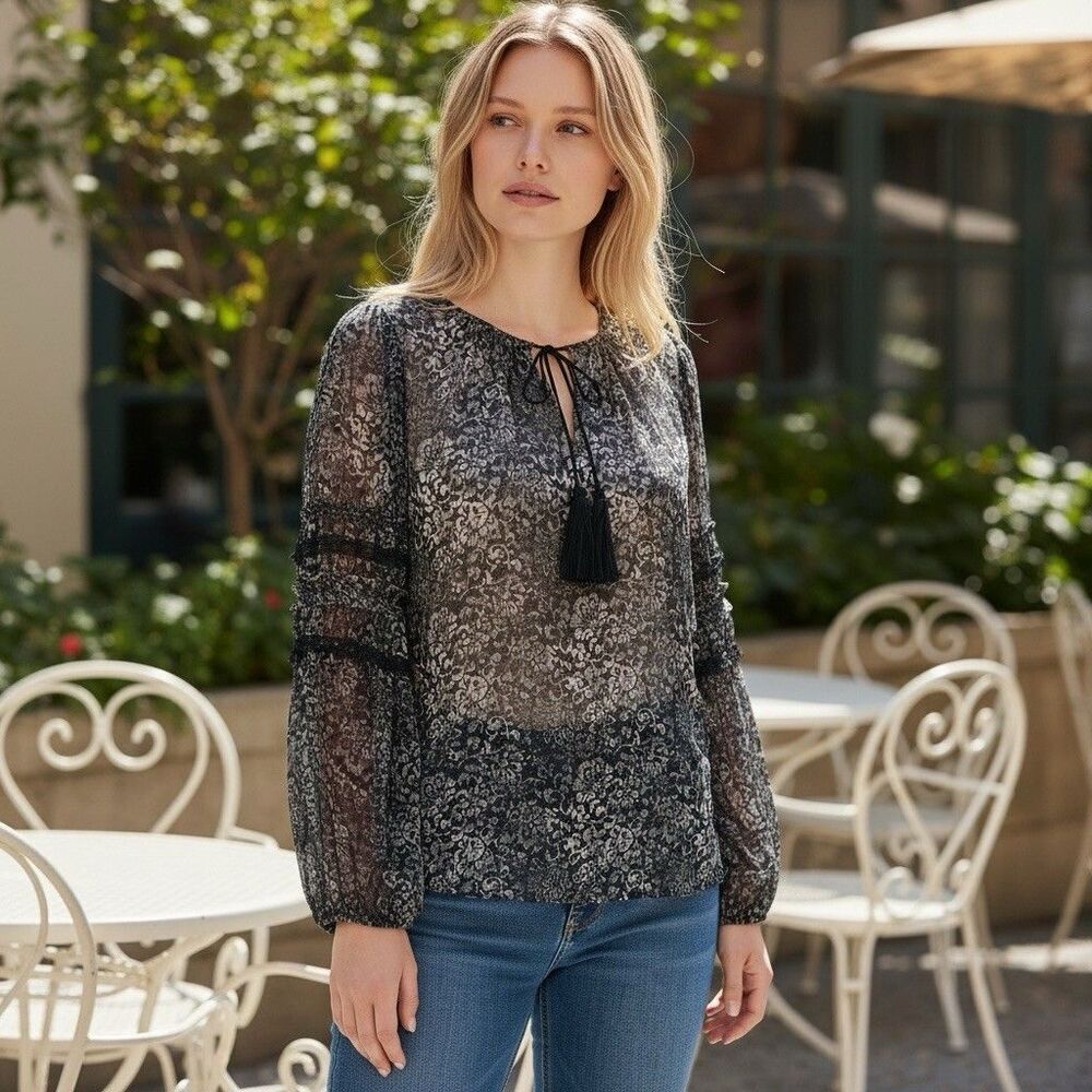 Metallic Floral Silk Top XS Sheer Crinkle Tassel Boho Fairy Festival Blouse